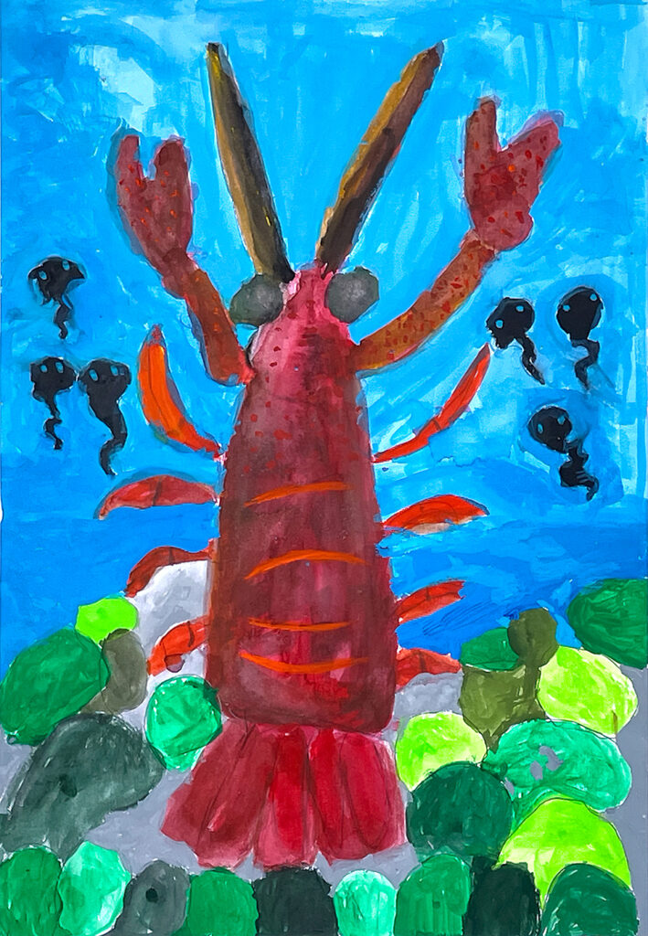 銅賞「ザリガニ　つかまえました。」月岡小　1年　坪谷　きなこ